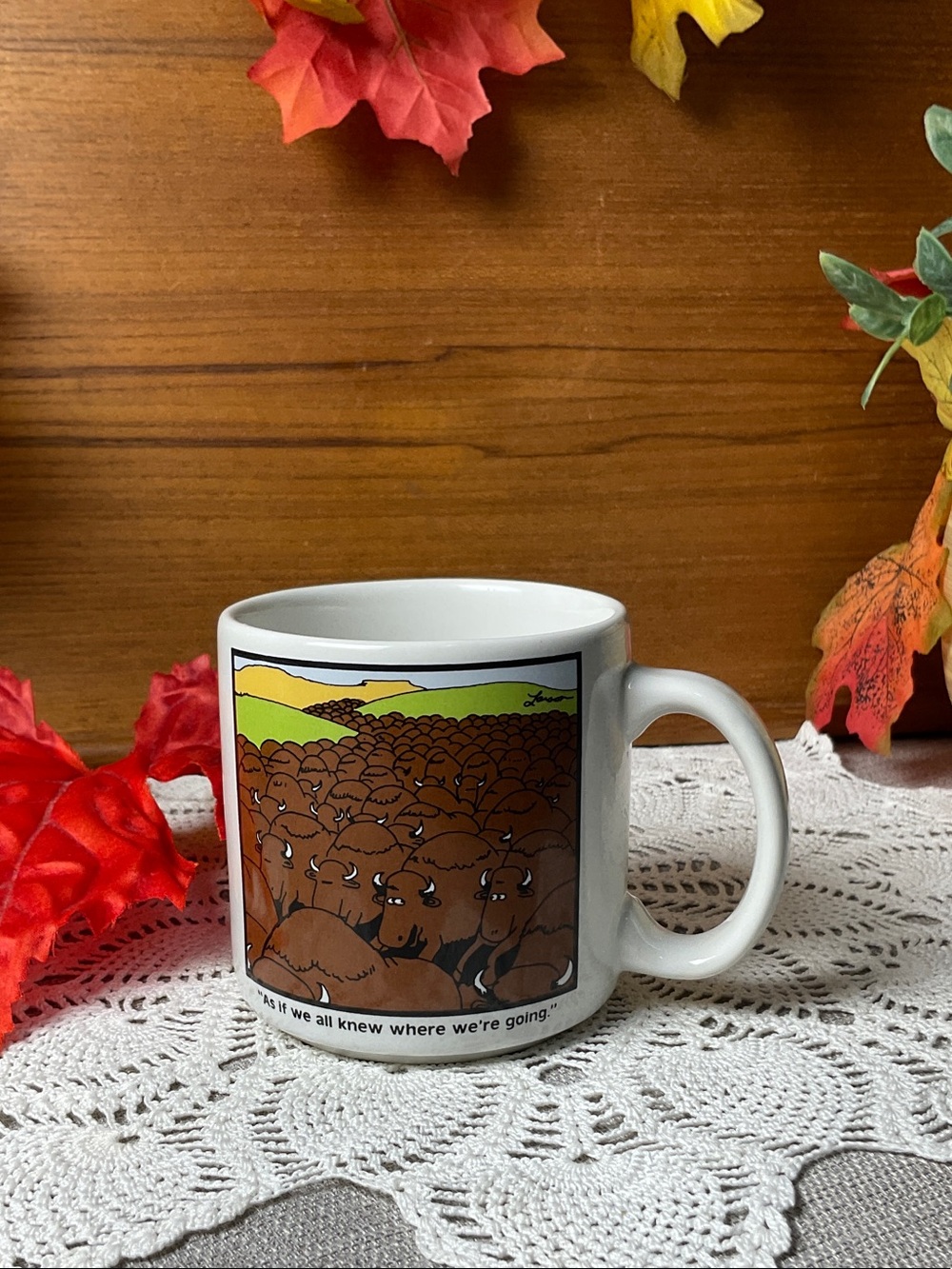 Vintage 1985 The Far Side Gary Larson Buffalo Herd Mug “As If We All Knew”